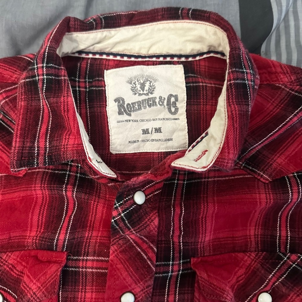 Vintage Roebuck & Co. Red Plaid Pearl Snap Flannel Shirt Western Medium - Picture 2 of 4